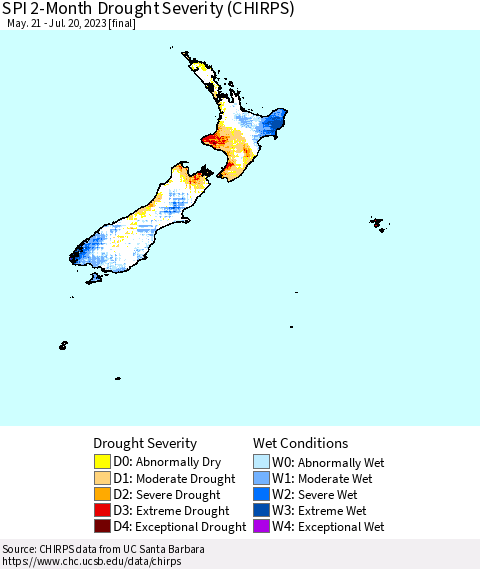 New Zealand SPI 2-Month Drought Severity (CHIRPS) Thematic Map For 5/21/2023 - 7/20/2023