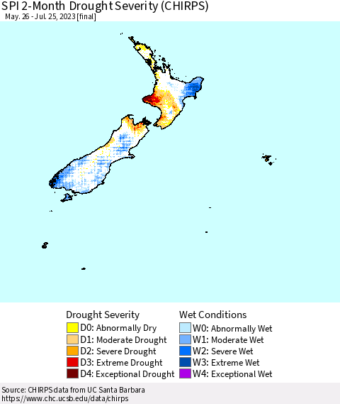 New Zealand SPI 2-Month Drought Severity (CHIRPS) Thematic Map For 5/26/2023 - 7/25/2023