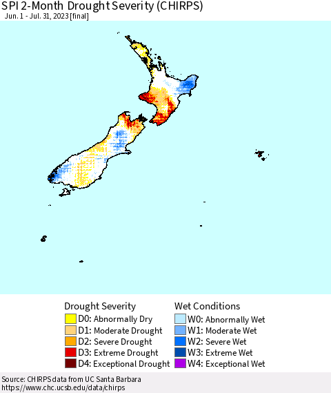New Zealand SPI 2-Month Drought Severity (CHIRPS) Thematic Map For 6/1/2023 - 7/31/2023