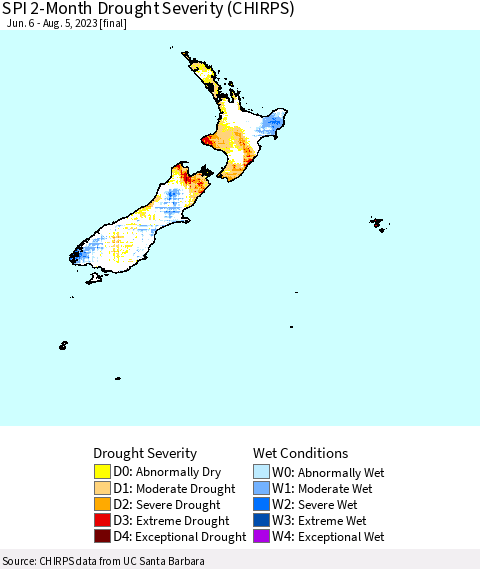 New Zealand SPI 2-Month Drought Severity (CHIRPS) Thematic Map For 6/6/2023 - 8/5/2023