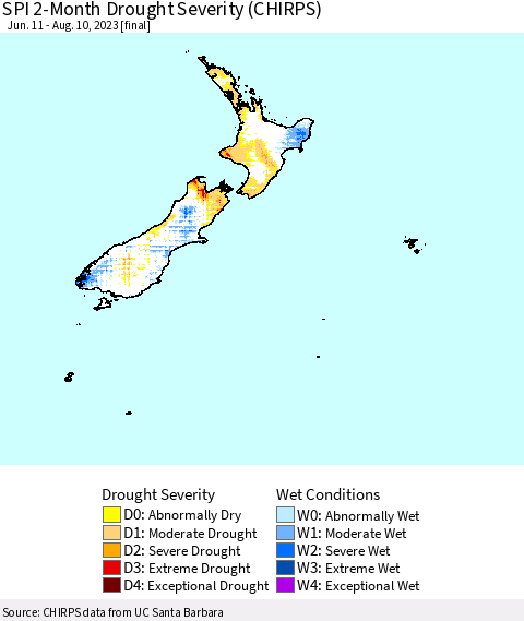 New Zealand SPI 2-Month Drought Severity (CHIRPS) Thematic Map For 6/11/2023 - 8/10/2023