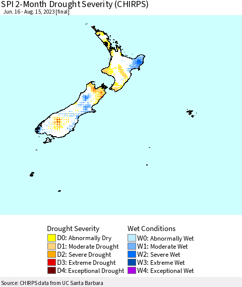 New Zealand SPI 2-Month Drought Severity (CHIRPS) Thematic Map For 6/16/2023 - 8/15/2023