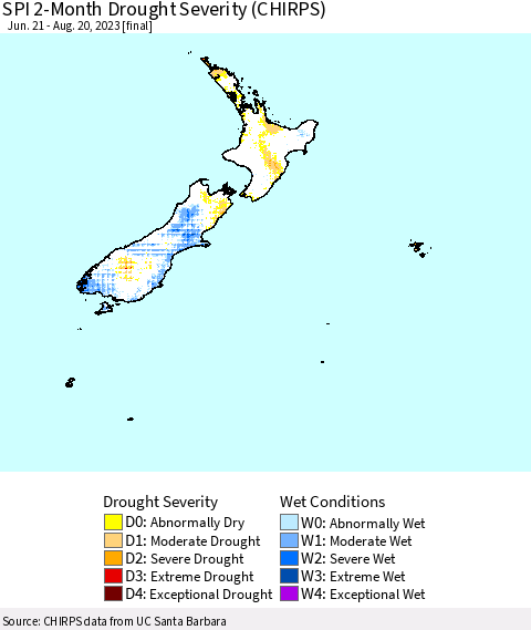 New Zealand SPI 2-Month Drought Severity (CHIRPS) Thematic Map For 6/21/2023 - 8/20/2023