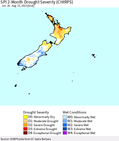 New Zealand SPI 2-Month Drought Severity (CHIRPS) Thematic Map For 6/26/2023 - 8/25/2023