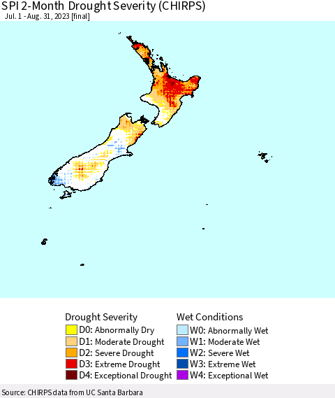 New Zealand SPI 2-Month Drought Severity (CHIRPS) Thematic Map For 7/1/2023 - 8/31/2023