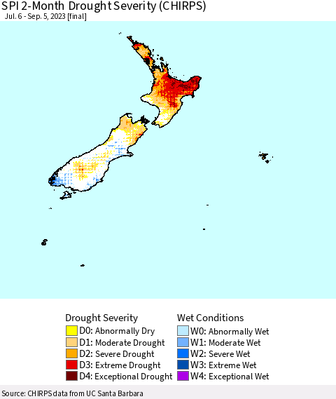 New Zealand SPI 2-Month Drought Severity (CHIRPS) Thematic Map For 7/6/2023 - 9/5/2023