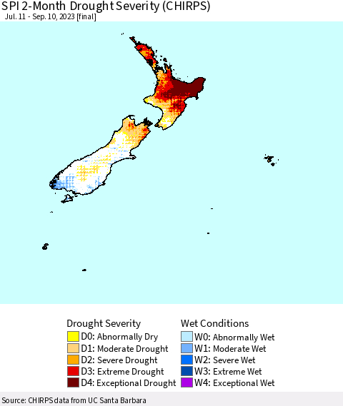 New Zealand SPI 2-Month Drought Severity (CHIRPS) Thematic Map For 7/11/2023 - 9/10/2023