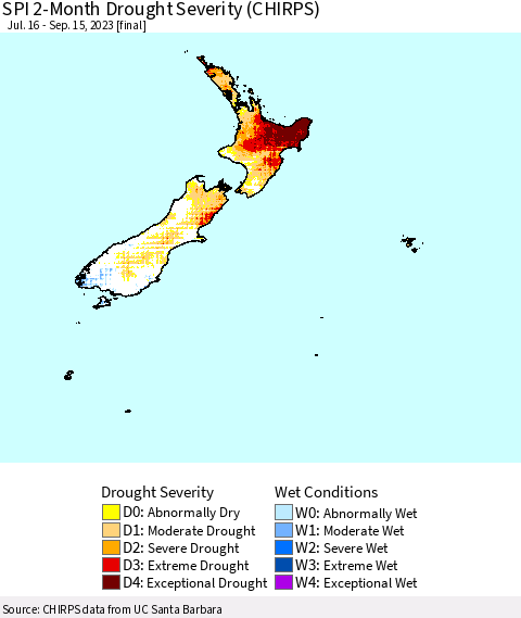 New Zealand SPI 2-Month Drought Severity (CHIRPS) Thematic Map For 7/16/2023 - 9/15/2023