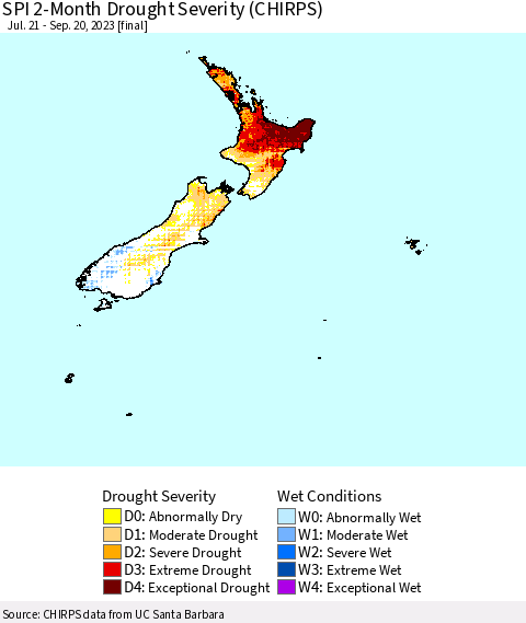 New Zealand SPI 2-Month Drought Severity (CHIRPS) Thematic Map For 7/21/2023 - 9/20/2023
