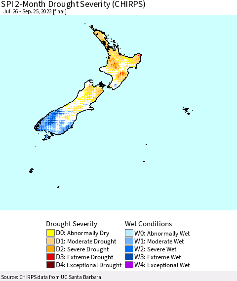 New Zealand SPI 2-Month Drought Severity (CHIRPS) Thematic Map For 7/26/2023 - 9/25/2023