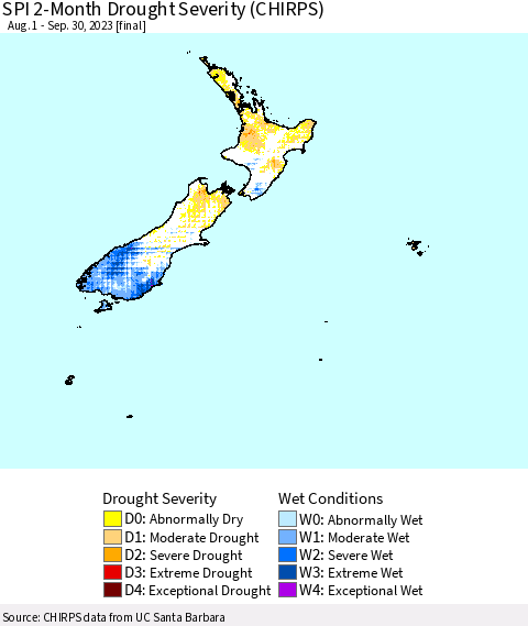New Zealand SPI 2-Month Drought Severity (CHIRPS) Thematic Map For 8/1/2023 - 9/30/2023