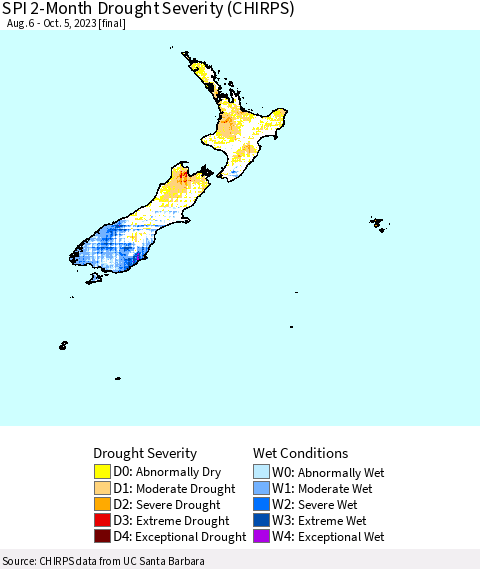 New Zealand SPI 2-Month Drought Severity (CHIRPS) Thematic Map For 8/6/2023 - 10/5/2023