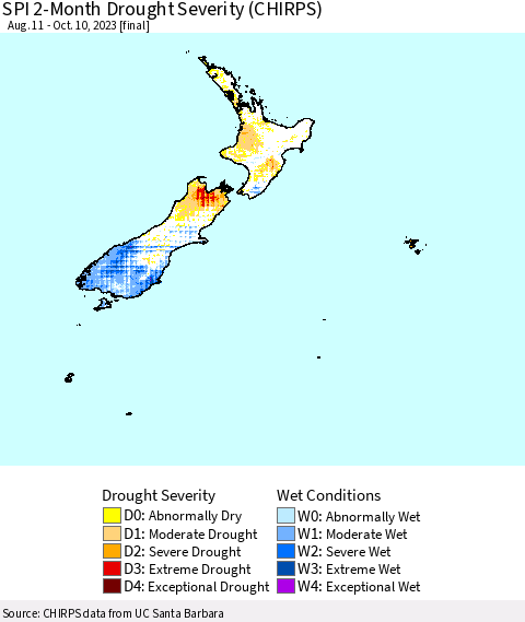 New Zealand SPI 2-Month Drought Severity (CHIRPS) Thematic Map For 8/11/2023 - 10/10/2023
