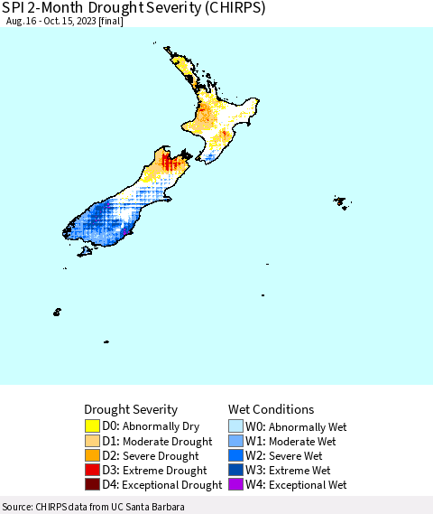 New Zealand SPI 2-Month Drought Severity (CHIRPS) Thematic Map For 8/16/2023 - 10/15/2023
