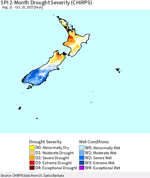 New Zealand SPI 2-Month Drought Severity (CHIRPS) Thematic Map For 8/21/2023 - 10/20/2023