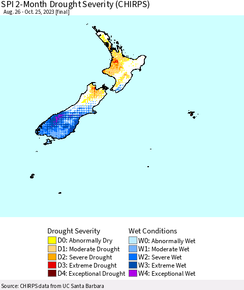 New Zealand SPI 2-Month Drought Severity (CHIRPS) Thematic Map For 8/26/2023 - 10/25/2023
