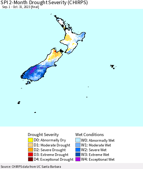 New Zealand SPI 2-Month Drought Severity (CHIRPS) Thematic Map For 9/1/2023 - 10/31/2023