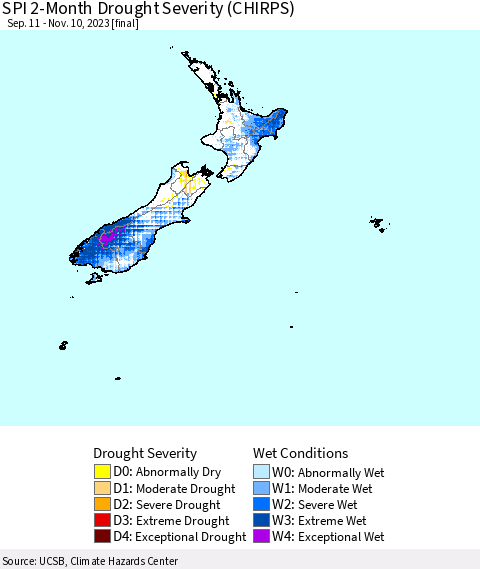 New Zealand SPI 2-Month Drought Severity (CHIRPS) Thematic Map For 9/11/2023 - 11/10/2023
