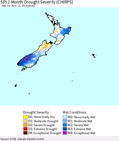 New Zealand SPI 2-Month Drought Severity (CHIRPS) Thematic Map For 9/16/2023 - 11/15/2023