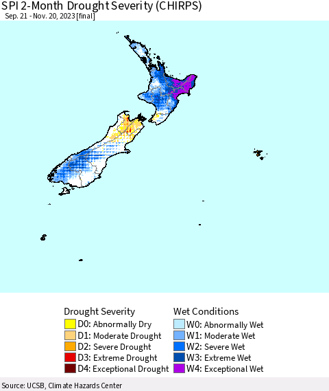 New Zealand SPI 2-Month Drought Severity (CHIRPS) Thematic Map For 9/21/2023 - 11/20/2023
