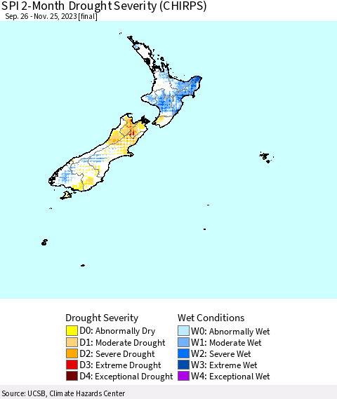 New Zealand SPI 2-Month Drought Severity (CHIRPS) Thematic Map For 9/26/2023 - 11/25/2023