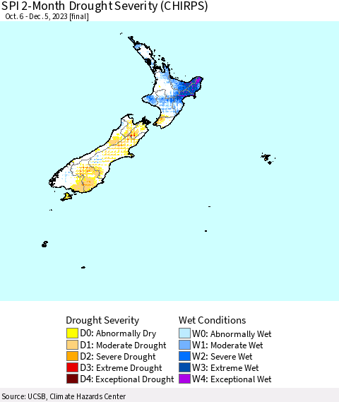 New Zealand SPI 2-Month Drought Severity (CHIRPS) Thematic Map For 10/6/2023 - 12/5/2023