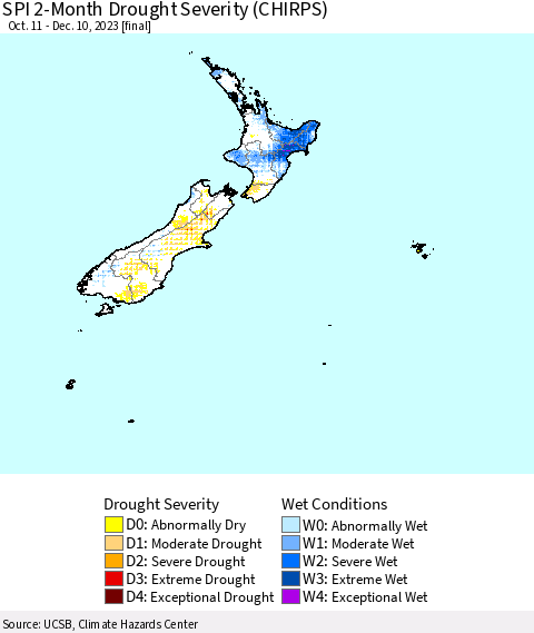 New Zealand SPI 2-Month Drought Severity (CHIRPS) Thematic Map For 10/11/2023 - 12/10/2023