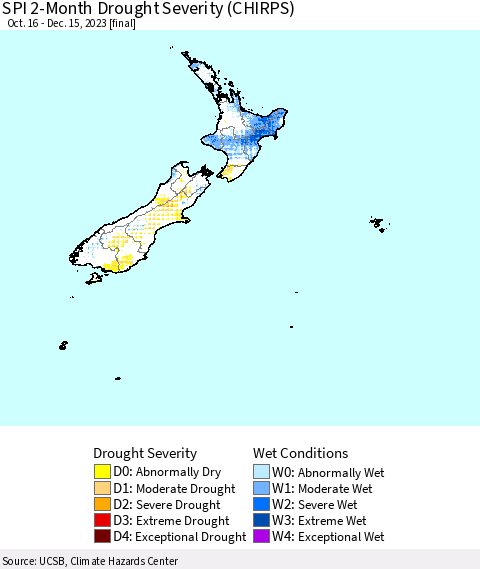 New Zealand SPI 2-Month Drought Severity (CHIRPS) Thematic Map For 10/16/2023 - 12/15/2023