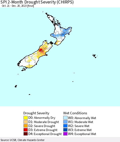 New Zealand SPI 2-Month Drought Severity (CHIRPS) Thematic Map For 10/21/2023 - 12/20/2023