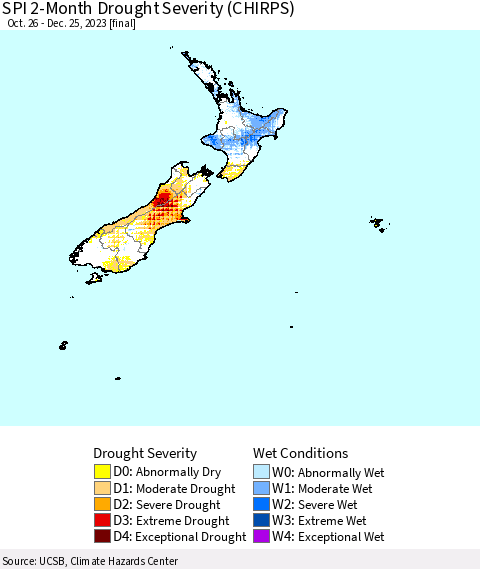 New Zealand SPI 2-Month Drought Severity (CHIRPS) Thematic Map For 10/26/2023 - 12/25/2023