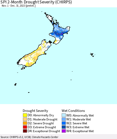 New Zealand SPI 2-Month Drought Severity (CHIRPS) Thematic Map For 11/1/2023 - 12/31/2023