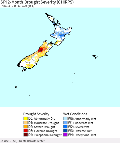 New Zealand SPI 2-Month Drought Severity (CHIRPS) Thematic Map For 11/11/2023 - 1/10/2024