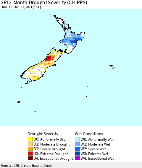 New Zealand SPI 2-Month Drought Severity (CHIRPS) Thematic Map For 11/16/2023 - 1/15/2024