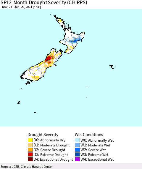 New Zealand SPI 2-Month Drought Severity (CHIRPS) Thematic Map For 11/21/2023 - 1/20/2024