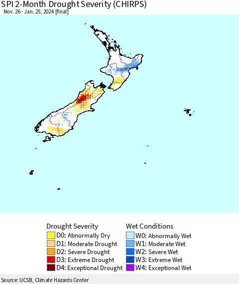 New Zealand SPI 2-Month Drought Severity (CHIRPS) Thematic Map For 11/26/2023 - 1/25/2024