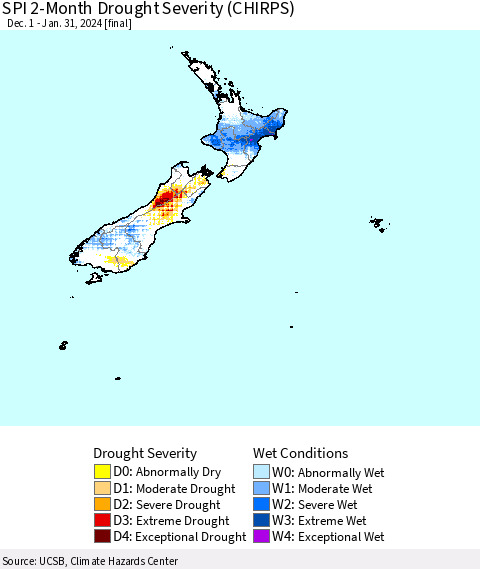 New Zealand SPI 2-Month Drought Severity (CHIRPS) Thematic Map For 12/1/2023 - 1/31/2024