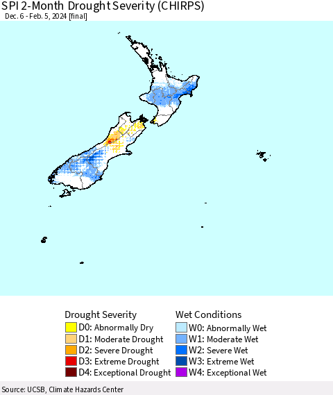 New Zealand SPI 2-Month Drought Severity (CHIRPS) Thematic Map For 12/6/2023 - 2/5/2024