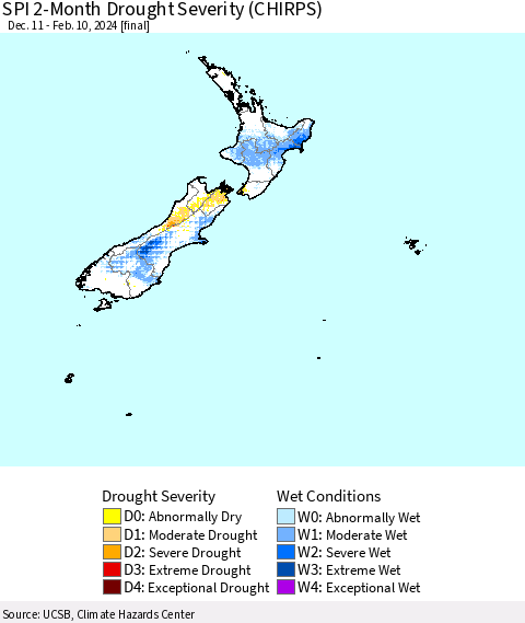 New Zealand SPI 2-Month Drought Severity (CHIRPS) Thematic Map For 12/11/2023 - 2/10/2024