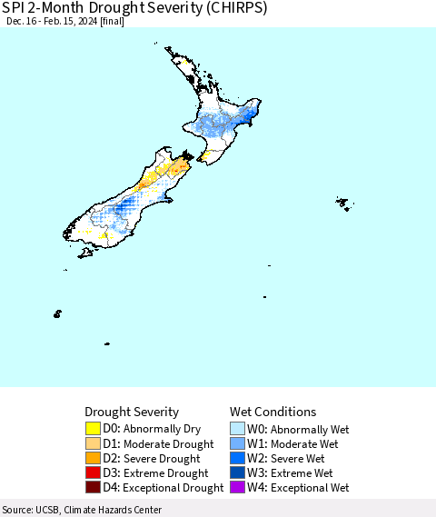 New Zealand SPI 2-Month Drought Severity (CHIRPS) Thematic Map For 12/16/2023 - 2/15/2024