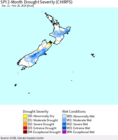 New Zealand SPI 2-Month Drought Severity (CHIRPS) Thematic Map For 12/21/2023 - 2/20/2024