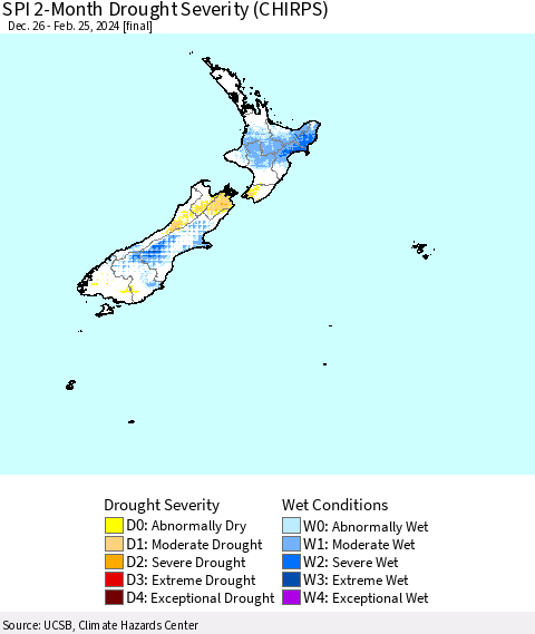 New Zealand SPI 2-Month Drought Severity (CHIRPS) Thematic Map For 12/26/2023 - 2/25/2024