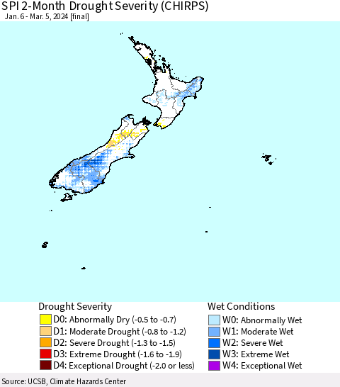 New Zealand SPI 2-Month Drought Severity (CHIRPS) Thematic Map For 1/6/2024 - 3/5/2024