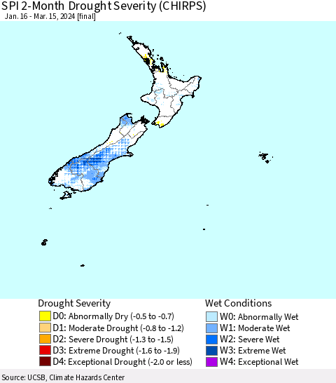 New Zealand SPI 2-Month Drought Severity (CHIRPS) Thematic Map For 1/16/2024 - 3/15/2024