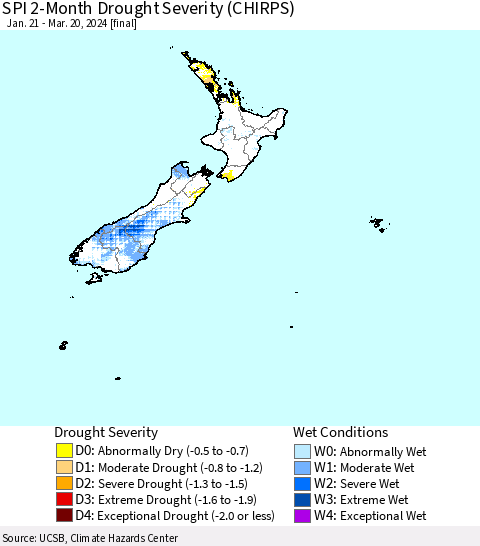New Zealand SPI 2-Month Drought Severity (CHIRPS) Thematic Map For 1/21/2024 - 3/20/2024