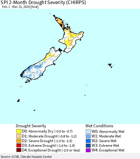 New Zealand SPI 2-Month Drought Severity (CHIRPS) Thematic Map For 2/1/2024 - 3/31/2024