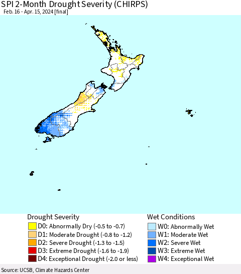 New Zealand SPI 2-Month Drought Severity (CHIRPS) Thematic Map For 2/16/2024 - 4/15/2024