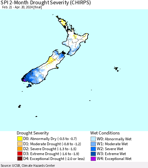 New Zealand SPI 2-Month Drought Severity (CHIRPS) Thematic Map For 2/21/2024 - 4/20/2024