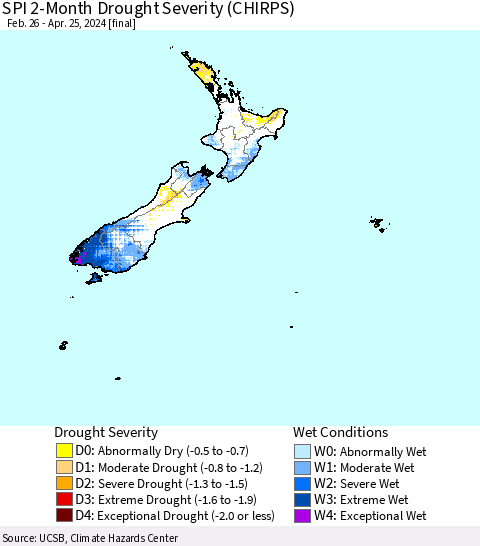 New Zealand SPI 2-Month Drought Severity (CHIRPS) Thematic Map For 2/26/2024 - 4/25/2024