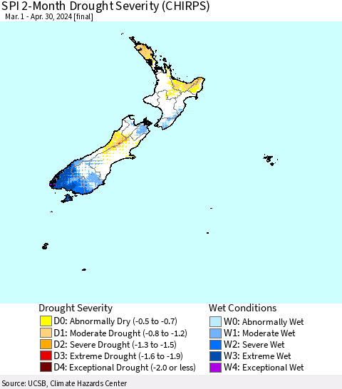New Zealand SPI 2-Month Drought Severity (CHIRPS) Thematic Map For 3/1/2024 - 4/30/2024