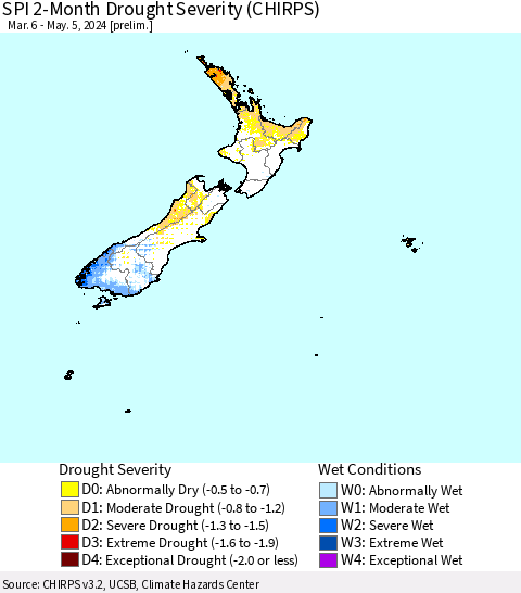 New Zealand SPI 2-Month Drought Severity (CHIRPS) Thematic Map For 3/6/2024 - 5/5/2024